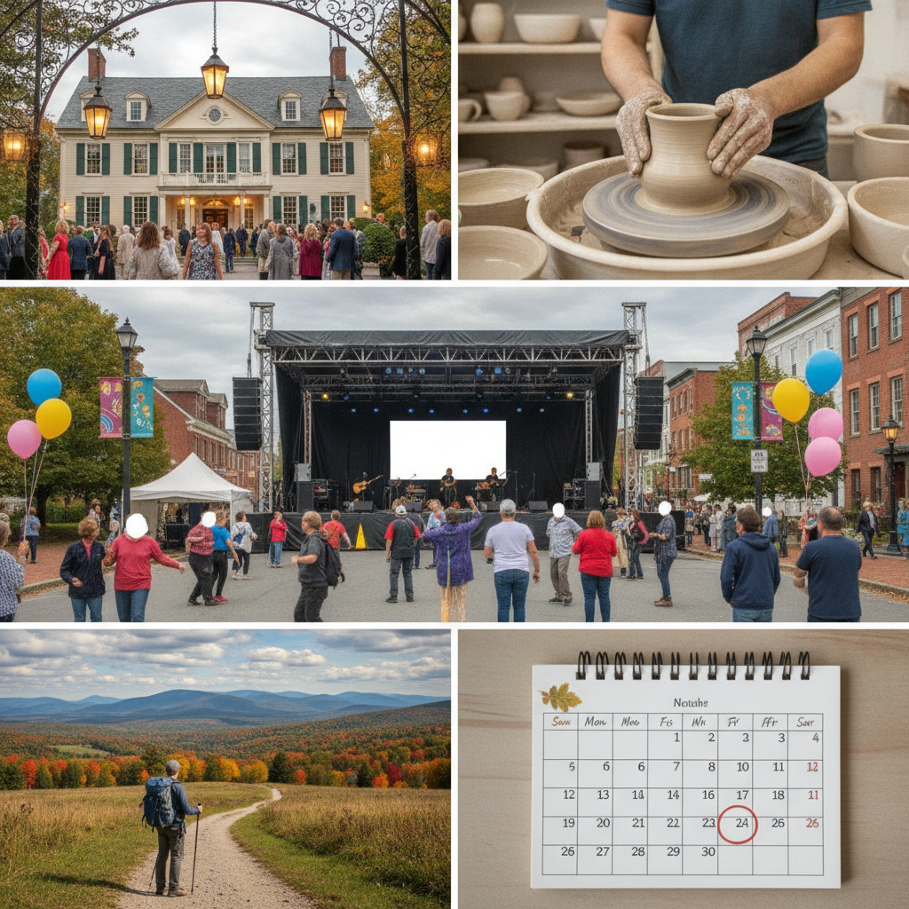 Collage of community events in Bennington, VT, including pottery workshops, l — Things to Do in Bennington VT This Weekend