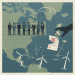 Illustration depicting a coalition of figures representing states, offshore wind turbines, — Vermont offshore wind lawsuit