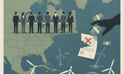 Illustration depicting a coalition of figures representing states, offshore wind turbines, — Vermont offshore wind lawsuit