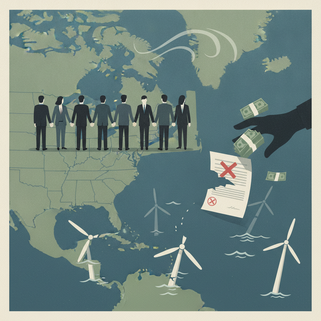 Illustration depicting a coalition of figures representing states, offshore wind turbines, — Vermont offshore wind lawsuit