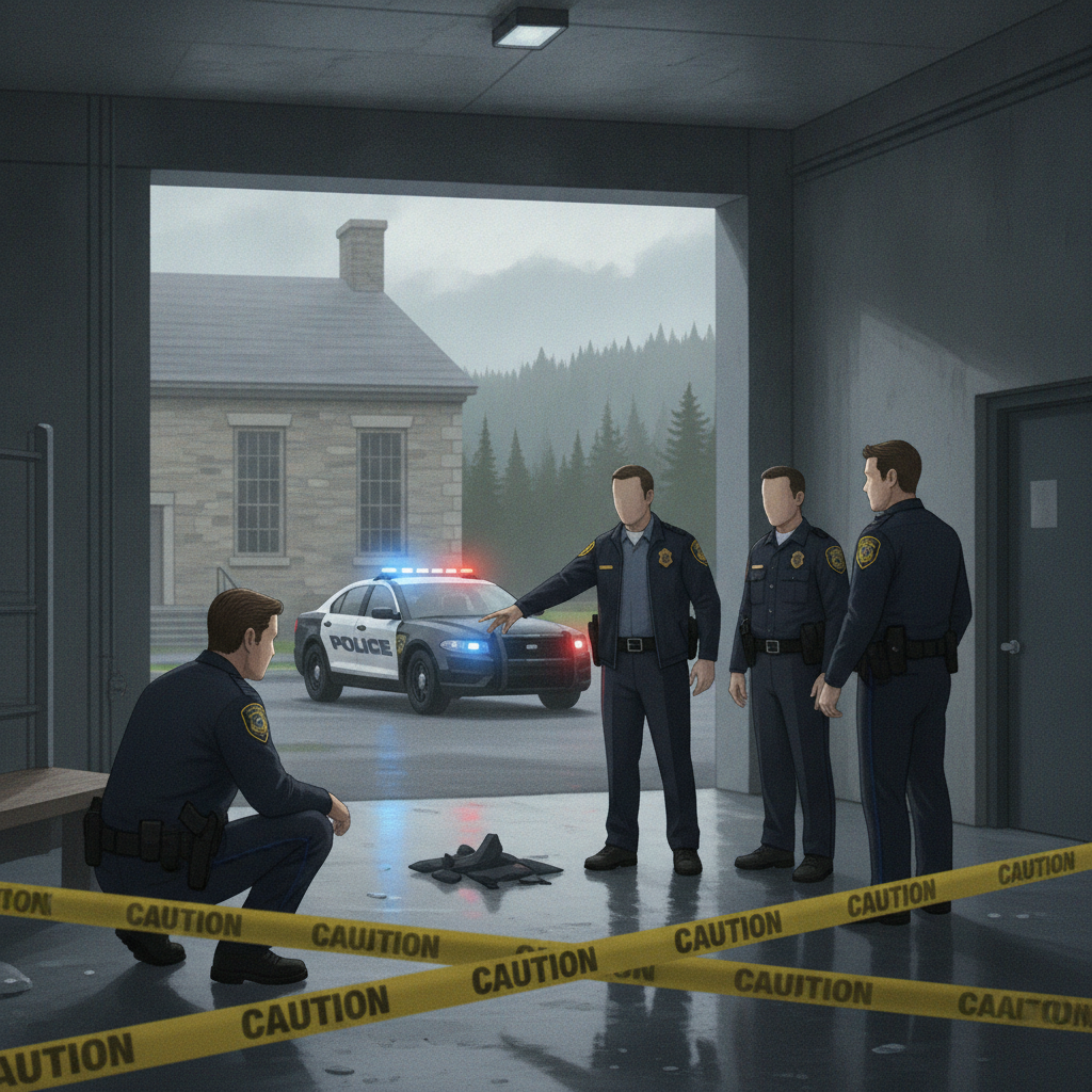 Four police officers investigate a scene marked by caution tape, with a po — Vermont State Police Shaftsbury investigation