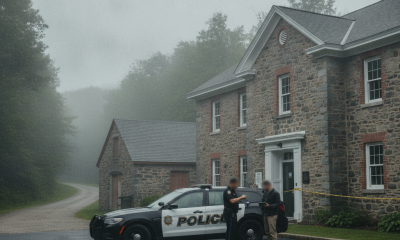 Vermont State Police vehicle parked outside Shaftsbury Barracks on a foggy — Vermont State Police Shaftsbury investigation