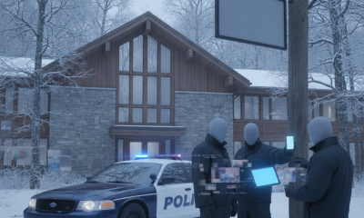 Three police officers in winter gear discussing near a police car — Vermont State Police Shaftsbury barracks investigation