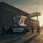 Vermont State Police officers at Shaftsbury Barracks with a police car and a si — Vermont State Police Shaftsbury Barracks