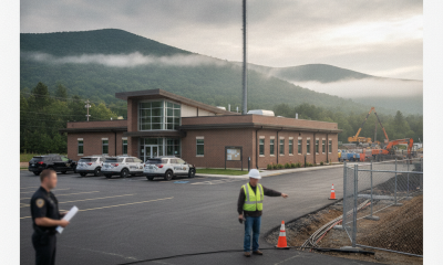 Vermont State Police Shaftsbury Barracks with officers and construction activity in the background under a cloudy sky.