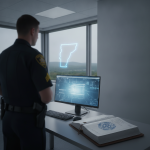 A Vermont State Police officer stands in an office, looking at a computer scree — Vermont State Police Shaftsbury Barracks