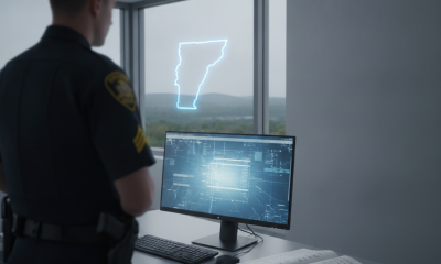 A Vermont State Police officer stands in an office, looking at a computer scree — Vermont State Police Shaftsbury Barracks