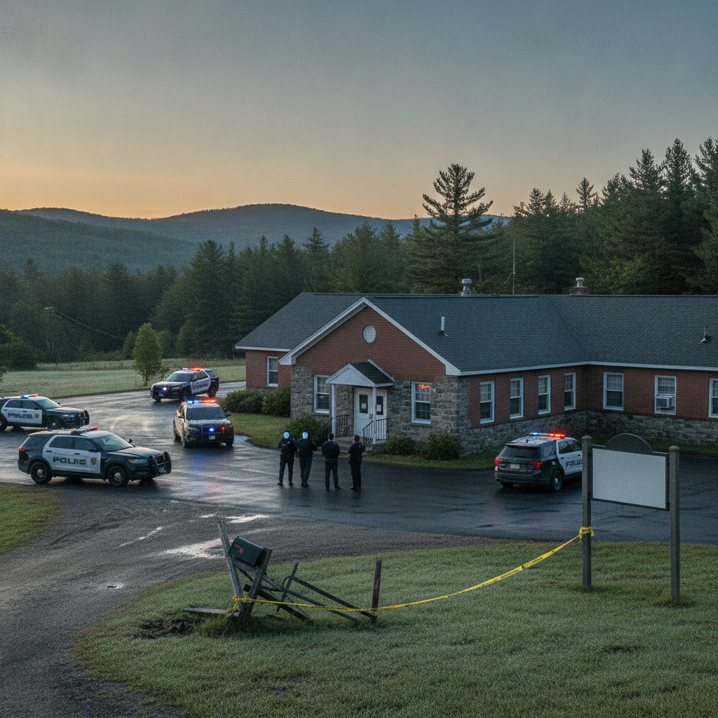 Vermont State Police officers at Shaftsbury Barracks with police vehicles and c — Vermont State Police Shaftsbury Barracks
