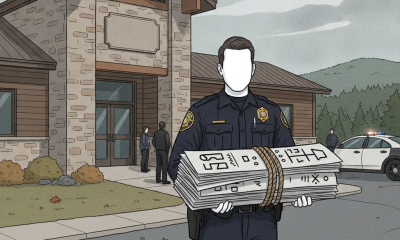 A police officer holding a bundle of logs outside the Vermont State Police Shaftsbury Barracks, with officers in the backg…