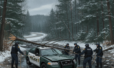 Vermont State Police officers investigate a crash scene with a police vehicle in a — Vermont State Police Shaftsbury crash