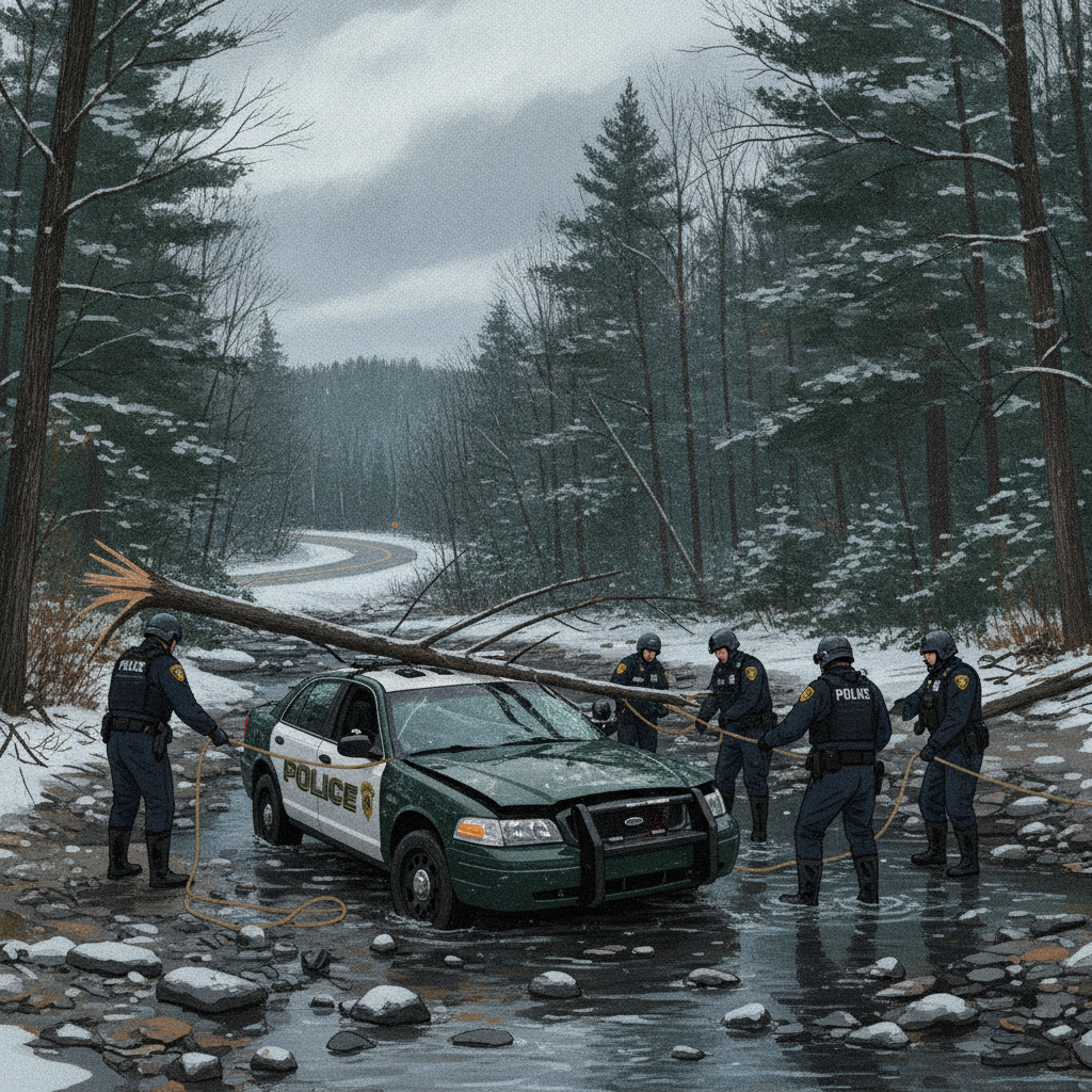 Vermont State Police officers investigate a crash scene with a police vehicle in a — Vermont State Police Shaftsbury crash