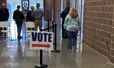 Voters entering a polling place with a 'Vote' sign pointing the way during election season. — ICE at polling places lawsuit