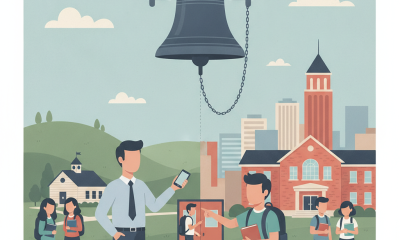 Illustration depicting a school scene with a bell, a teacher holding a phone, and students — Indiana school cellphone ban
