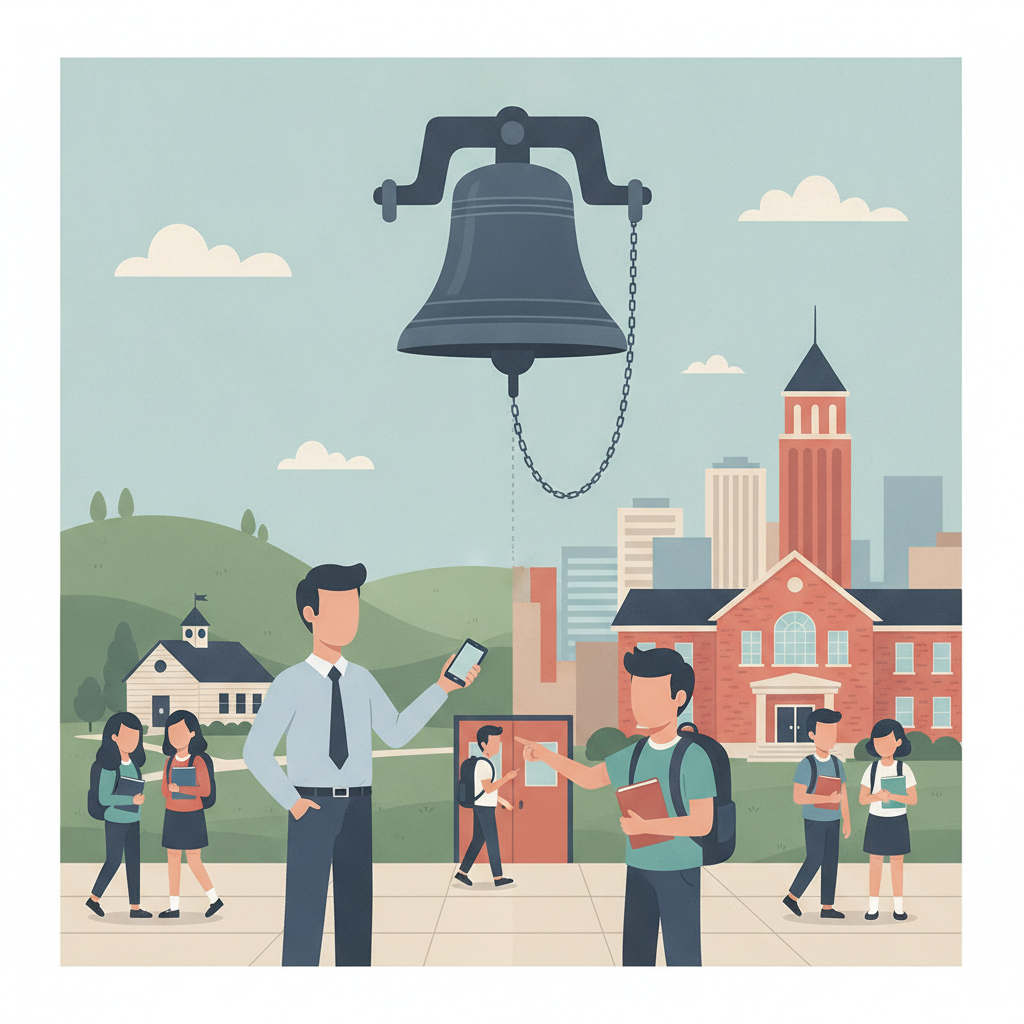 Illustration depicting a school scene with a bell, a teacher holding a phone, and students — Indiana school cellphone ban