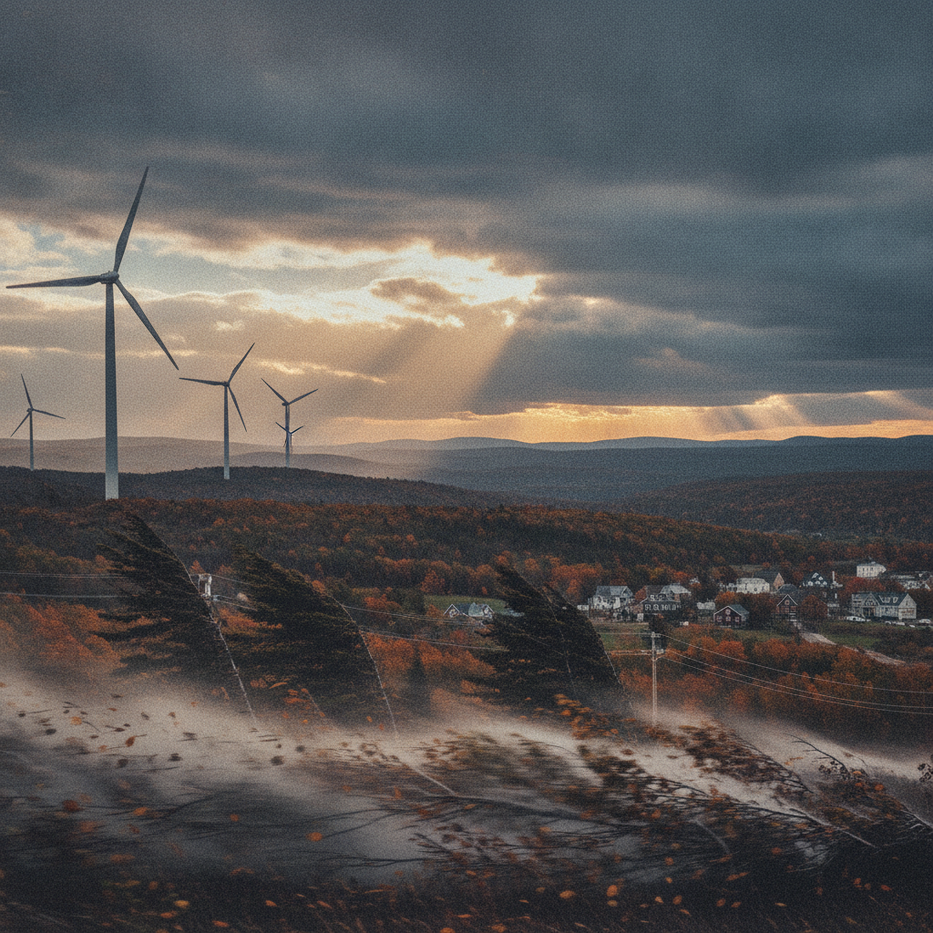 Wind turbines in a landscape with autumn foliage and dramatic clouds, indicating a wind — Wind Advisory Bennington County