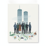 Illustration showing diverse individuals standing in front of the World Trade Center, — World Trade Center Health Program