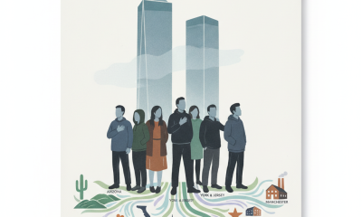 Illustration showing diverse individuals standing in front of the World Trade Center, — World Trade Center Health Program