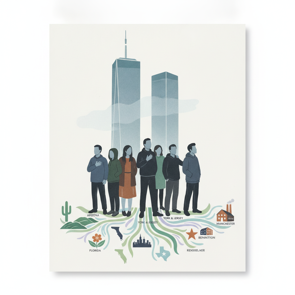 Illustration showing diverse individuals standing in front of the World Trade Center, — World Trade Center Health Program
