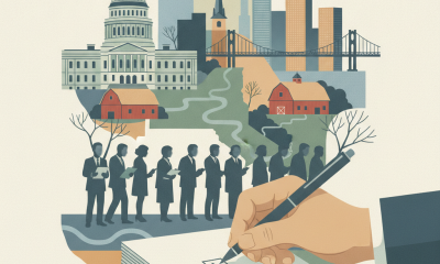 Illustration depicting a hand filling out a ballot with a city skyline and voters in line, — 2026 New York election guide