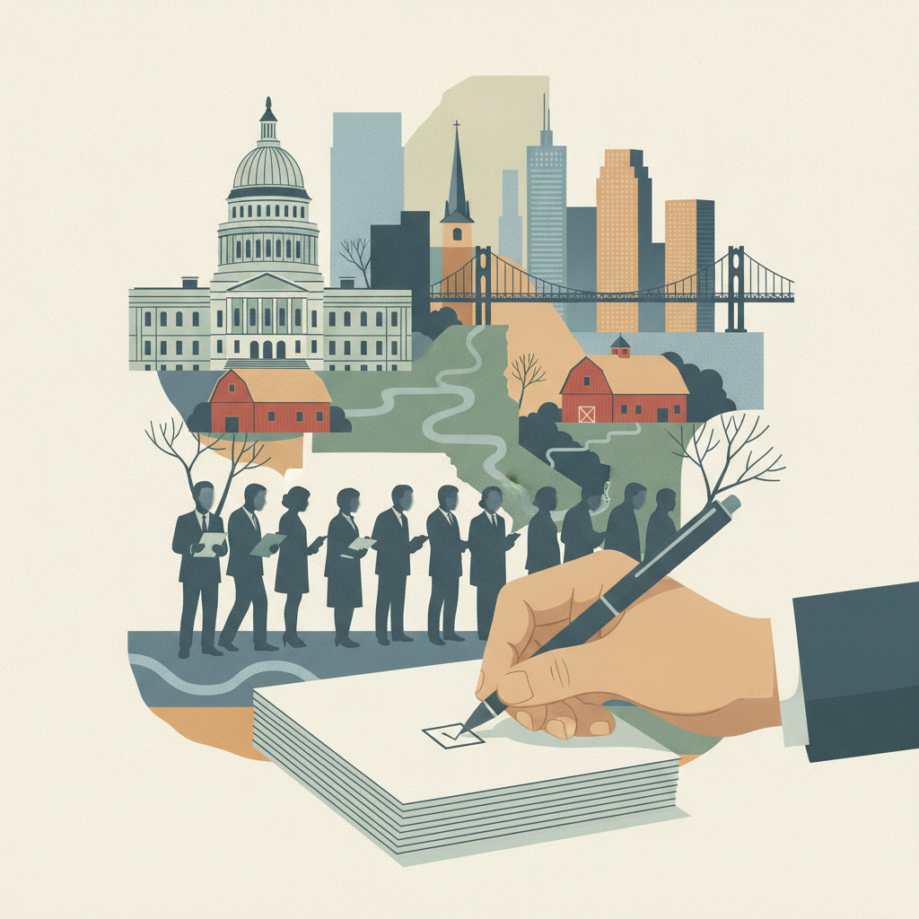 Illustration depicting a hand filling out a ballot with a city skyline and voters in line, — 2026 New York election guide