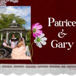 Wedding scrapbook-style graphic with a wheelchair user and partner at an outdoor ceremon — disability SSI marriage penalty