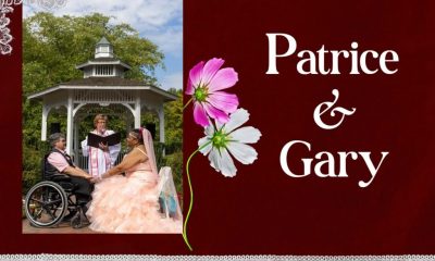 Wedding scrapbook-style graphic with a wheelchair user and partner at an outdoor ceremon — disability SSI marriage penalty