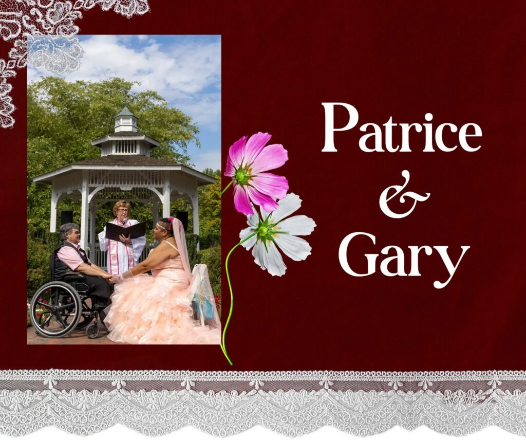 Wedding scrapbook-style graphic with a wheelchair user and partner at an outdoor ceremon — disability SSI marriage penalty