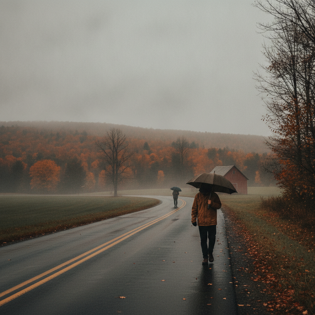 Two people walking along a misty road in Bennington County, VT, with autumn foliag — Bennington County VT weather forecast