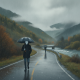Two figures walking along a rain-soaked road in a mountainous landscape, one holdi — Bennington County VT weather forecast