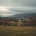 Bennington VT weather forecast: people walk across a grassy field beneath overcast skies, with autumn hills and a river be…