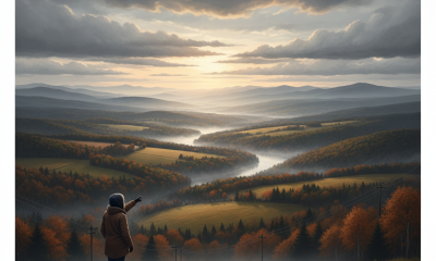 Bennington VT weather forecast over a misty autumn valley beneath heavy clouds, with a person overlooking the landscape.