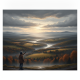 Bennington VT weather forecast over a misty autumn valley beneath heavy clouds, with a person overlooking the landscape.
