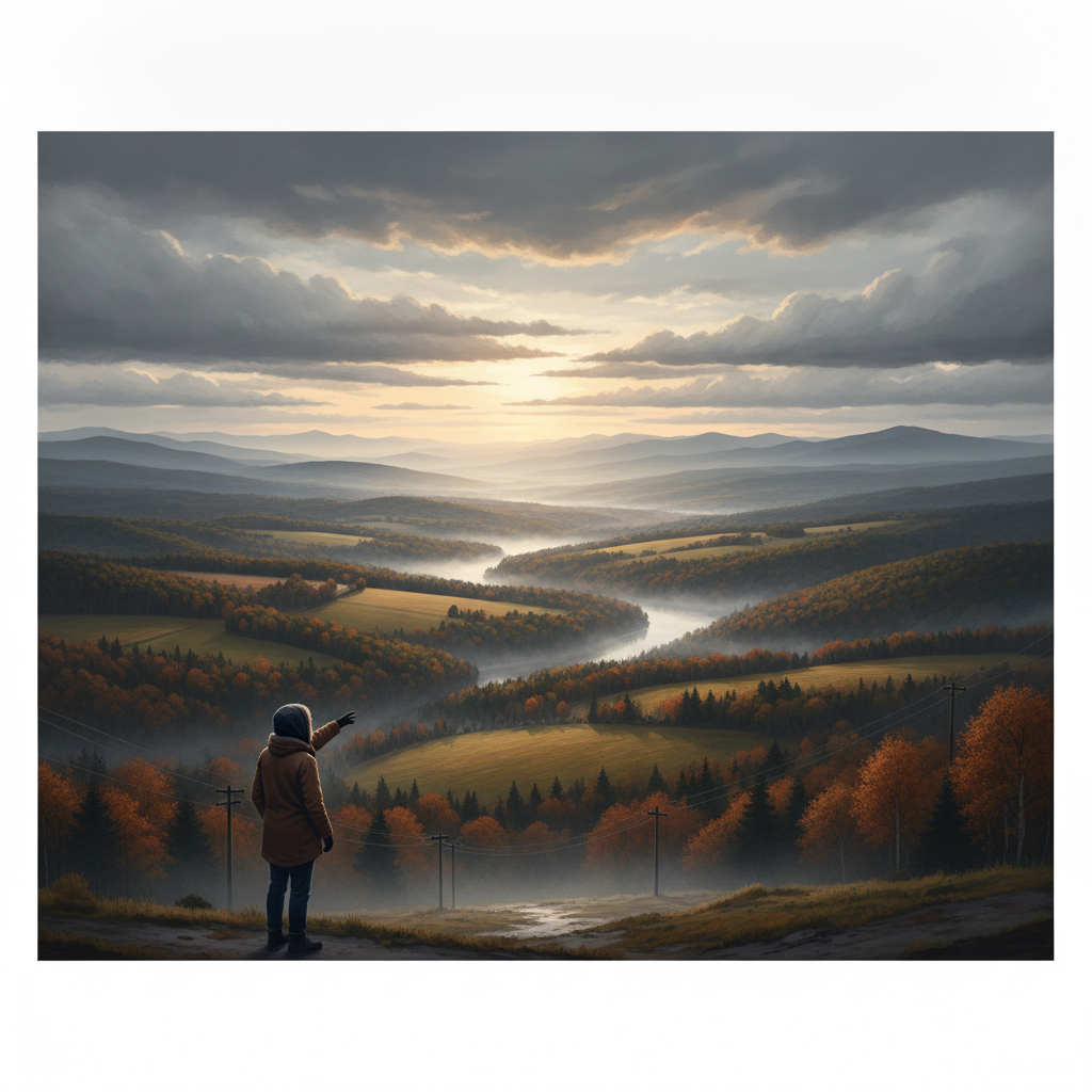 Bennington VT weather forecast over a misty autumn valley beneath heavy clouds, with a person overlooking the landscape.