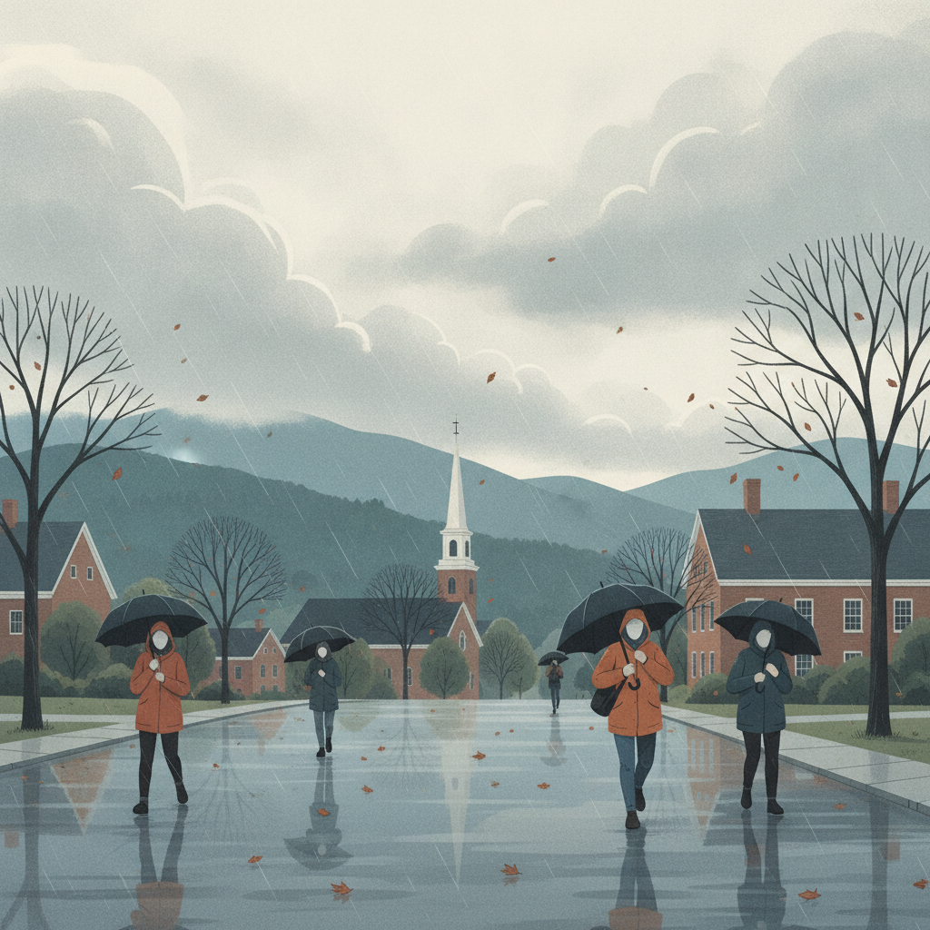 People walking with umbrellas on a rainy street in Bennington, Vermont, with overcast ski — Bennington VT weather forecast