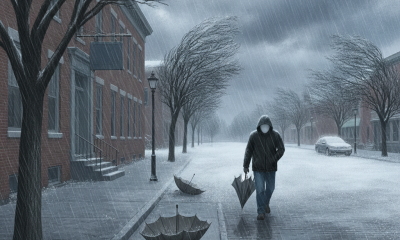 A person walks down a rainy street in Bennington, VT, with overturned umbrellas and stron — Bennington VT weather forecast