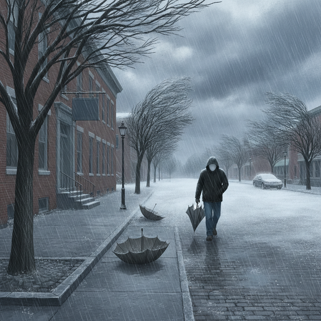 A person walks down a rainy street in Bennington, VT, with overturned umbrellas and stron — Bennington VT weather forecast