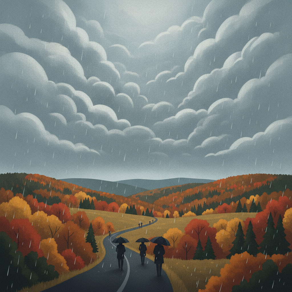 Two figures walking on a winding road under dark, cloudy skies with autumn foliage in vib — Bennington VT weather forecast