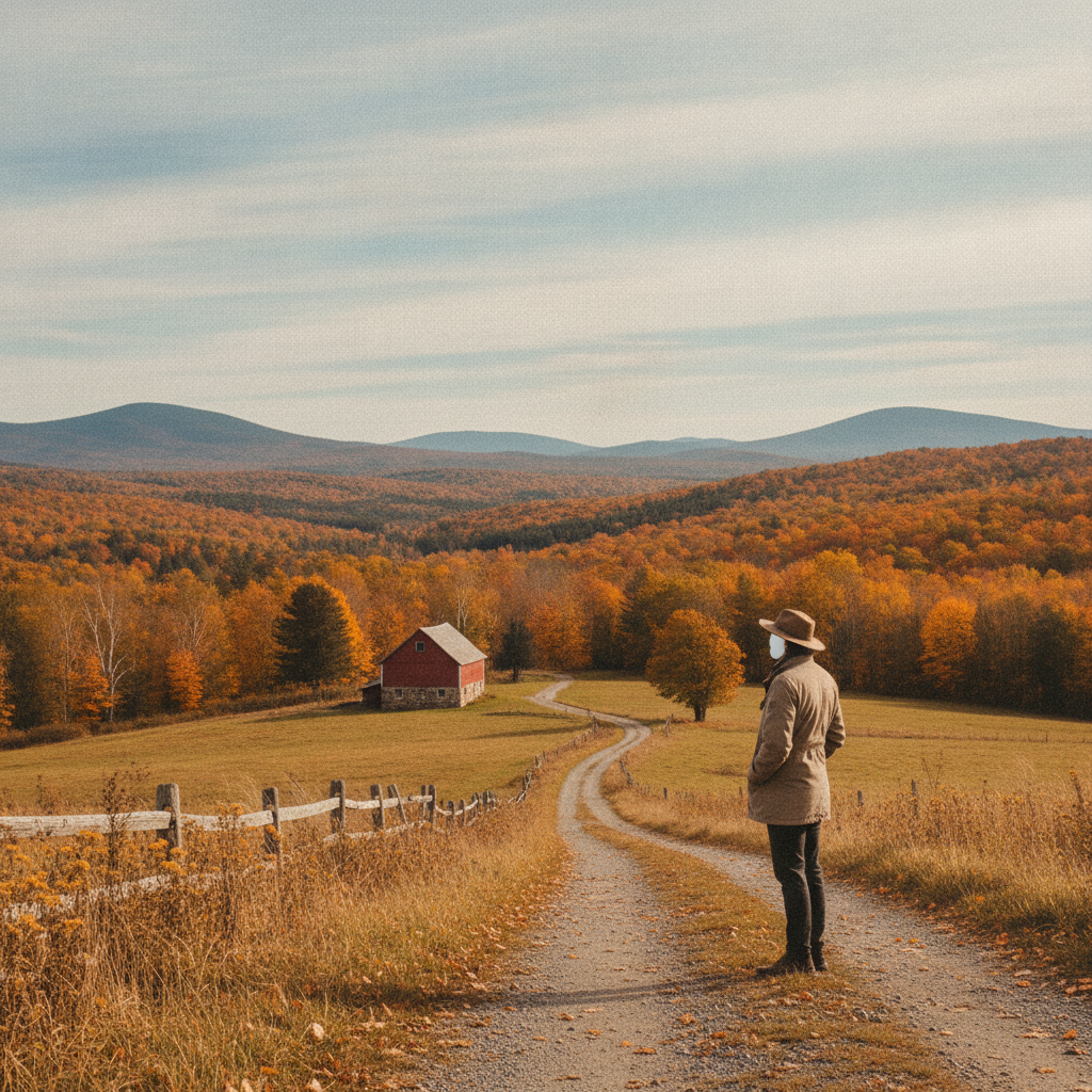 A person stands on a country lane overlooking an autumn valley beneath a cloudy sk — Bennington County VT weather forecast