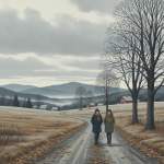 Two people walk along a leaf-strewn country road beneath bare trees and overcast skie — Bennington County weather forecast