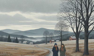 Two people walk along a leaf-strewn country road beneath bare trees and overcast skie — Bennington County weather forecast