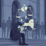 A person in a hoodie sits on steps, looking at their phone, with shadowy figures and symbol — New York sexual consent laws