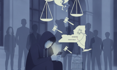 A person in a hoodie sits on steps, looking at their phone, with shadowy figures and symbol — New York sexual consent laws