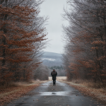 A person walking down a deserted road lined with trees, showcasing autumn foliage in — Bennington County weather forecast