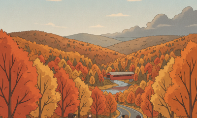 Four people enjoying the vibrant autumn foliage along a winding road in Bennington Cou — Bennington County weekend weather
