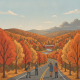 Four people enjoying the vibrant autumn foliage along a winding road in Bennington Cou — Bennington County weekend weather