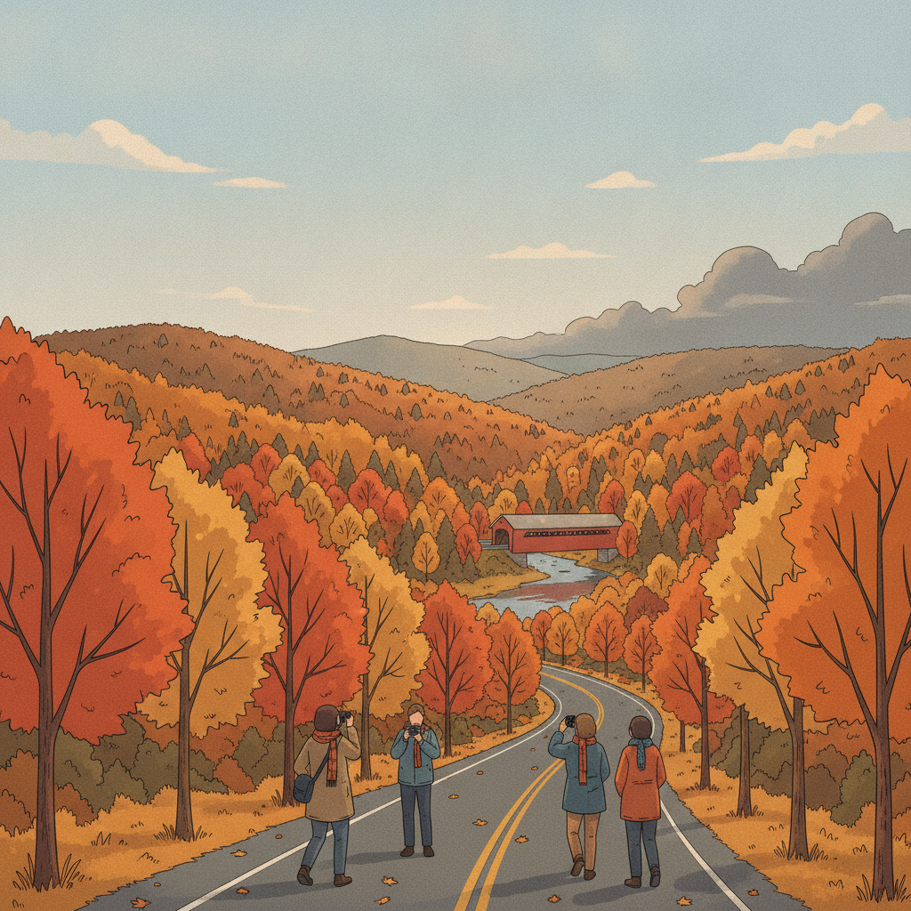 Four people enjoying the vibrant autumn foliage along a winding road in Bennington Cou — Bennington County weekend weather