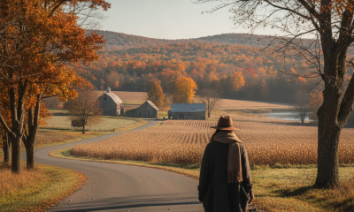 Bennington VT weather forecast: a person walks a dog along a country road amid golden autumn fields and trees.