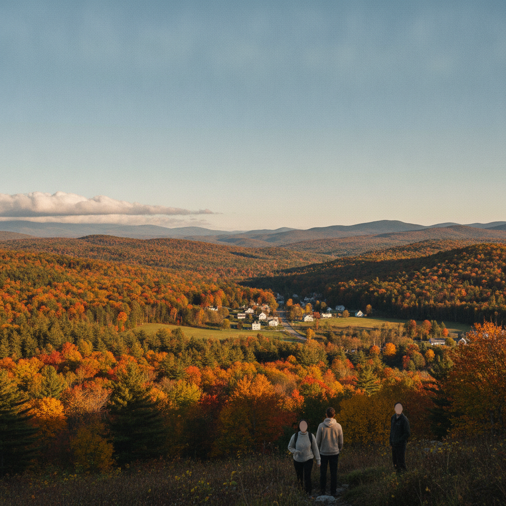 Bennington County weather forecast: three people overlook colorful autumn hills beneath a clear sky.