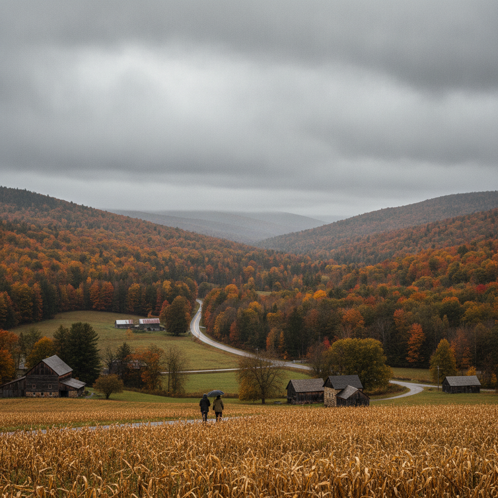 Two people walking on a path through a colorful autumn landscape in Bennington Valley und — Bennington VT weather forecast