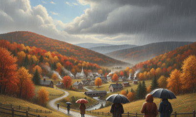 People walking with umbrellas in a colorful autumn landscape in Bennington County, wi — Bennington County weather forecast